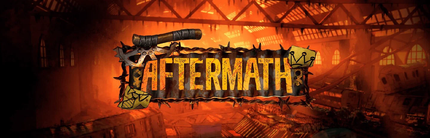 Logotipo de Aftermath sobre un hacha y alambre de espino, con una nave industrial en llamas al fondo