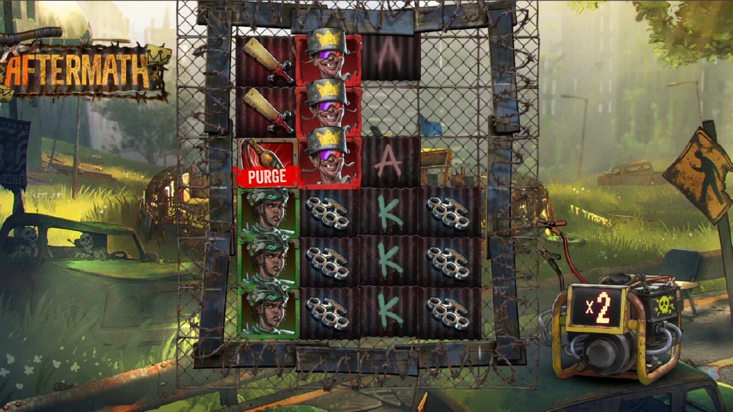 El tablero base de Aftermath de 4 x 6 con el símbolo Purga y el multiplicador en x2